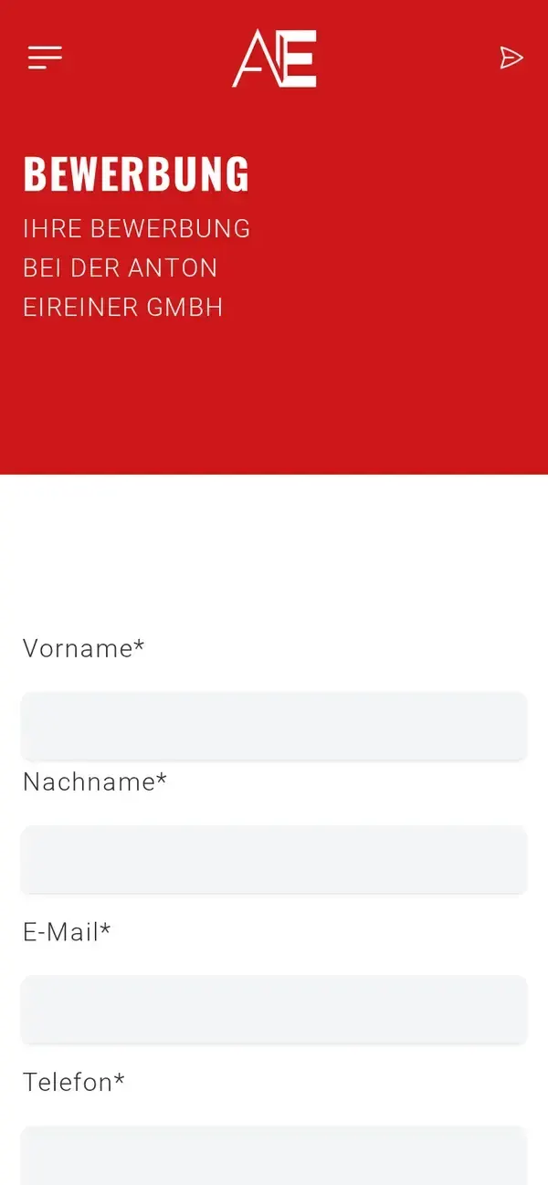 Bewerbungsformular auf eireiner.de, mobil