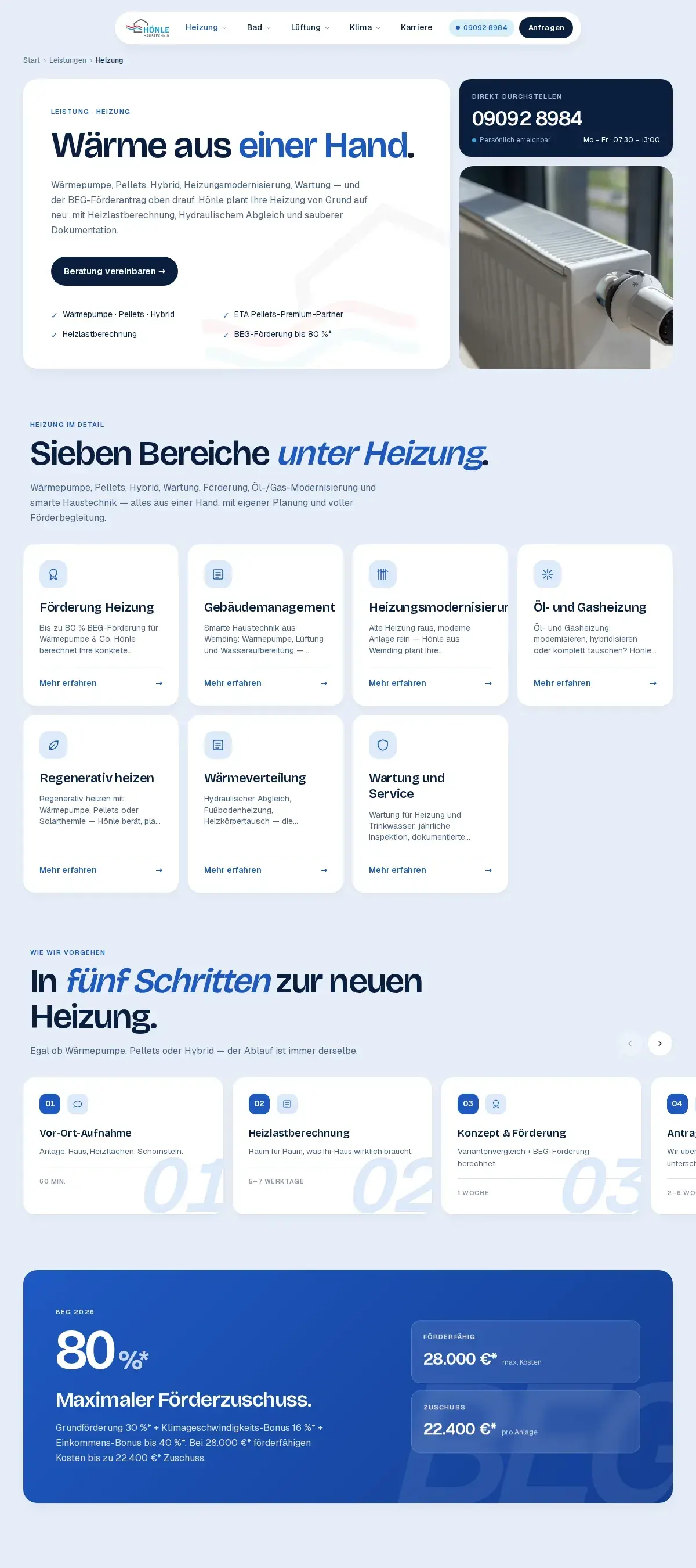 Seite Heizung auf hoenle-haustechnik.de mit sieben Unterbereichen und Ablauf in fünf Schritten