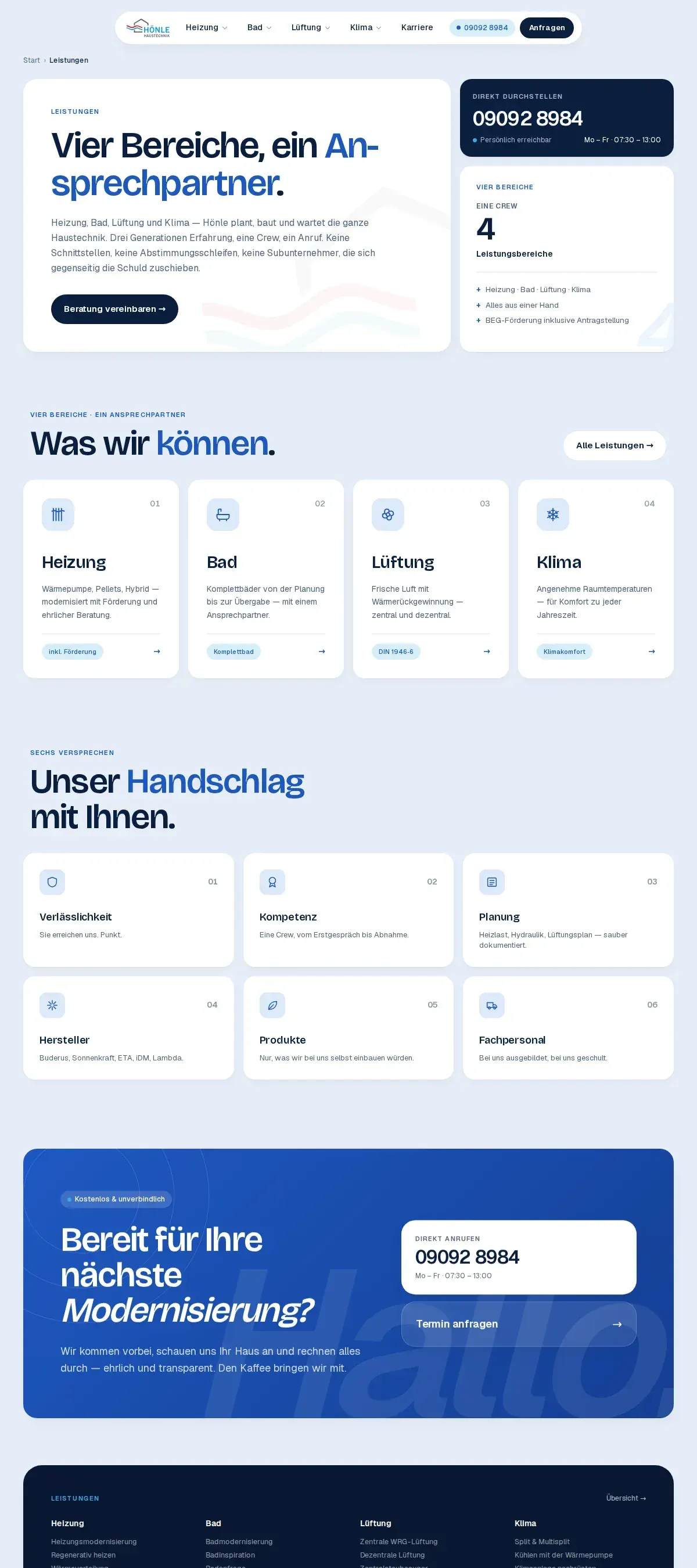 Leistungsübersicht auf hoenle-haustechnik.de: Heizung, Bad, Lüftung und Klima