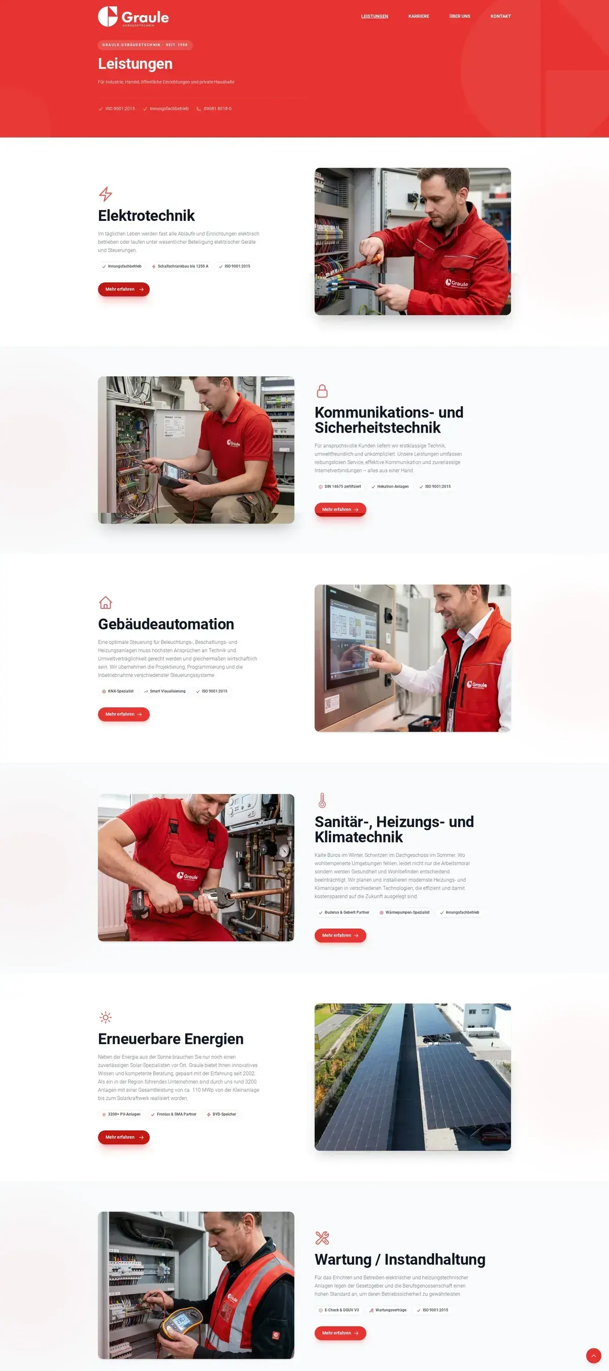 Leistungsübersicht auf graule-technik.de am Desktop