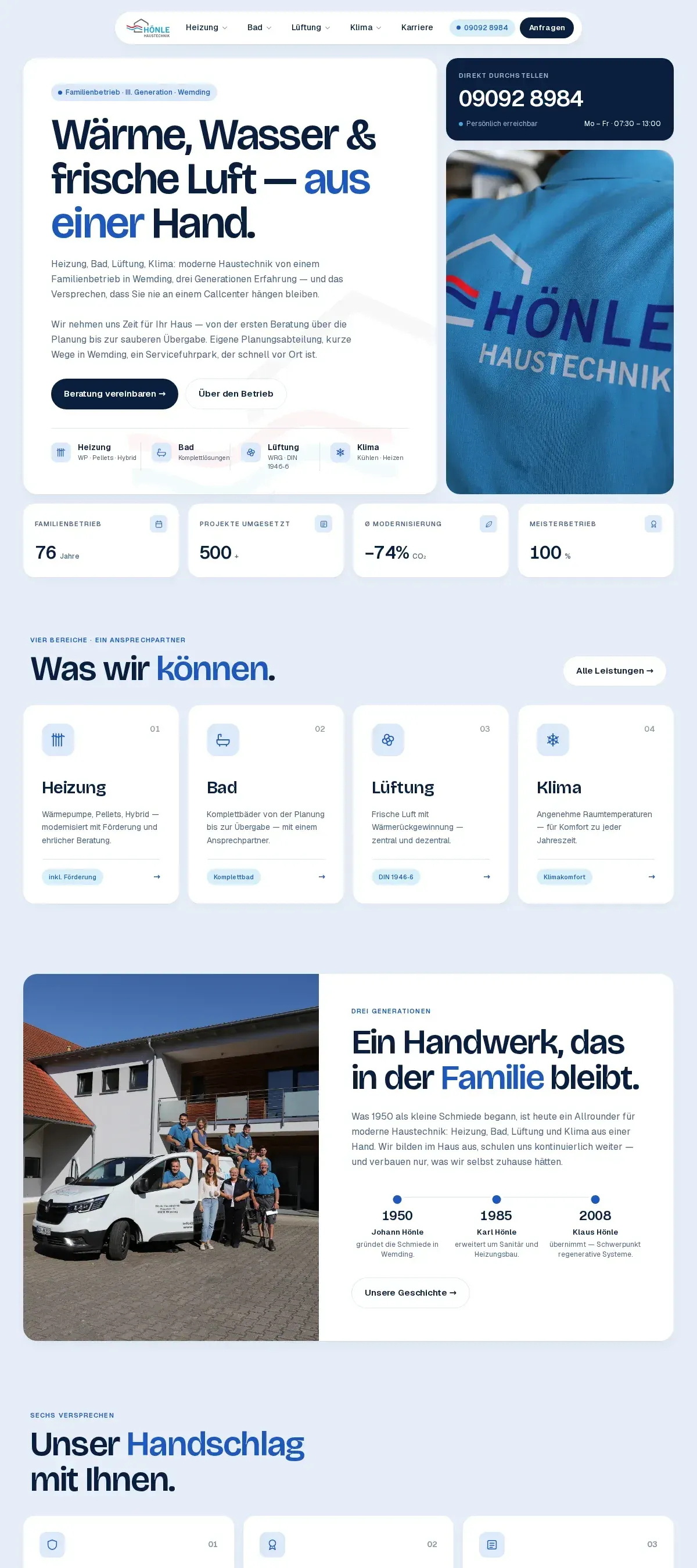 Startseite hoenle-haustechnik.de am Desktop: Kopfbereich, Kennzahlen, vier Leistungsbereiche und Familiengeschichte seit 1950