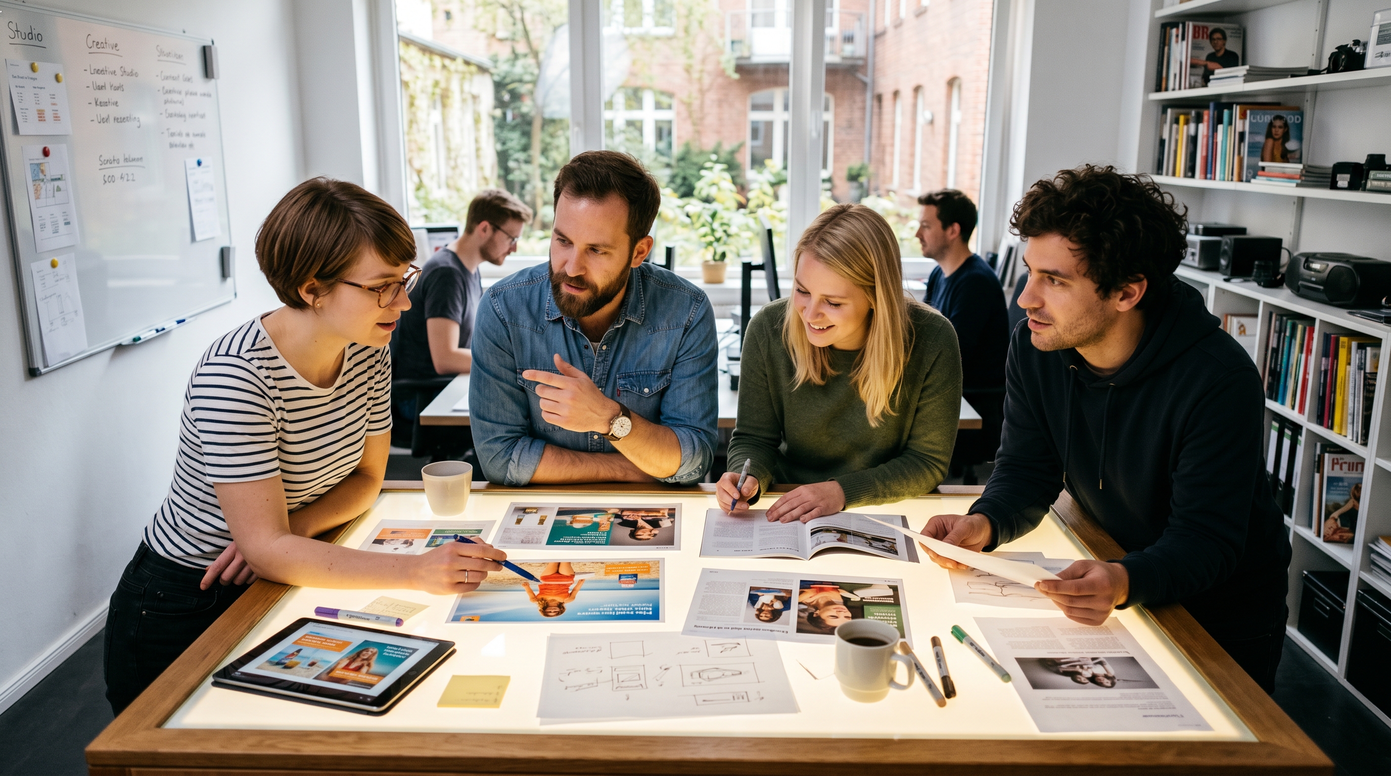 Ein kreatives Team arbeitet an einem Leuchttisch und bespricht verschiedene Anzeigenlayouts