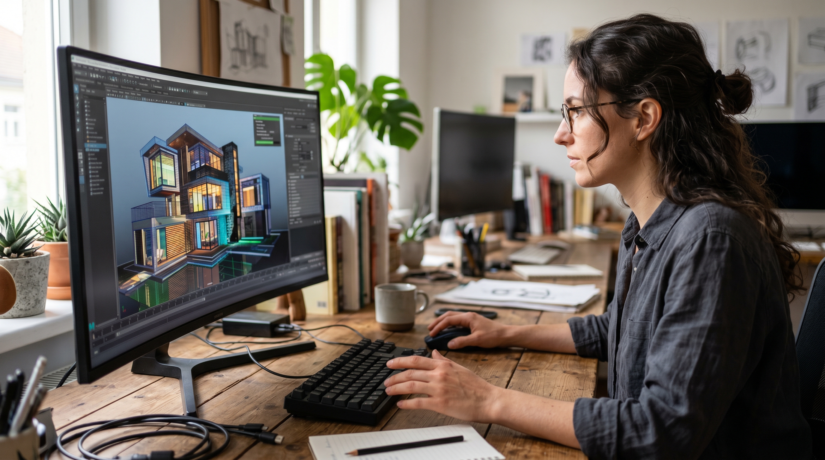Nahaufnahme eines Designers, der an einer komplexen 3D-Visualisierung auf einem Monitor arbeitet