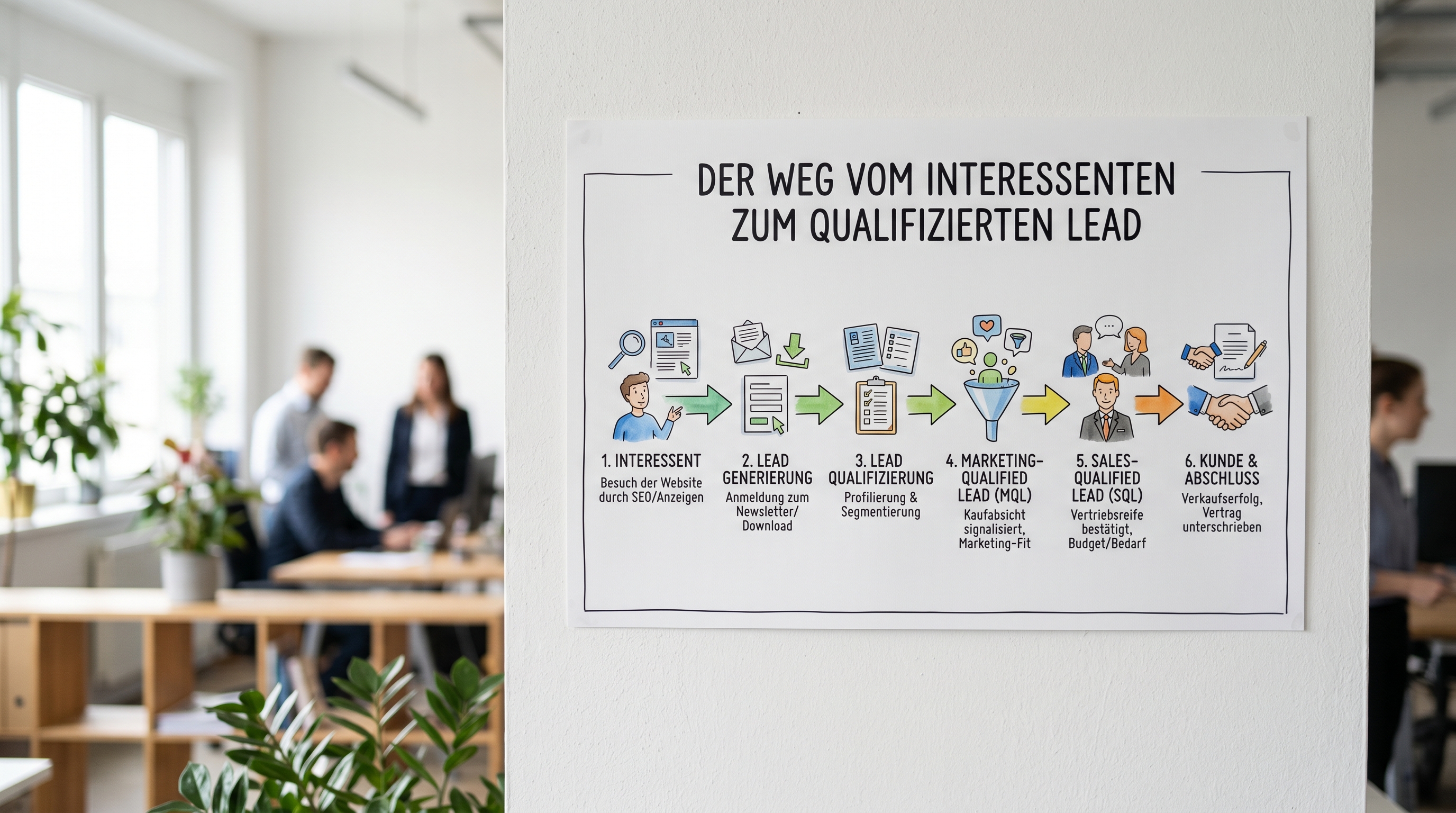 Eine saubere Infografik zeigt den Weg vom Interessenten zum qualifizierten Lead