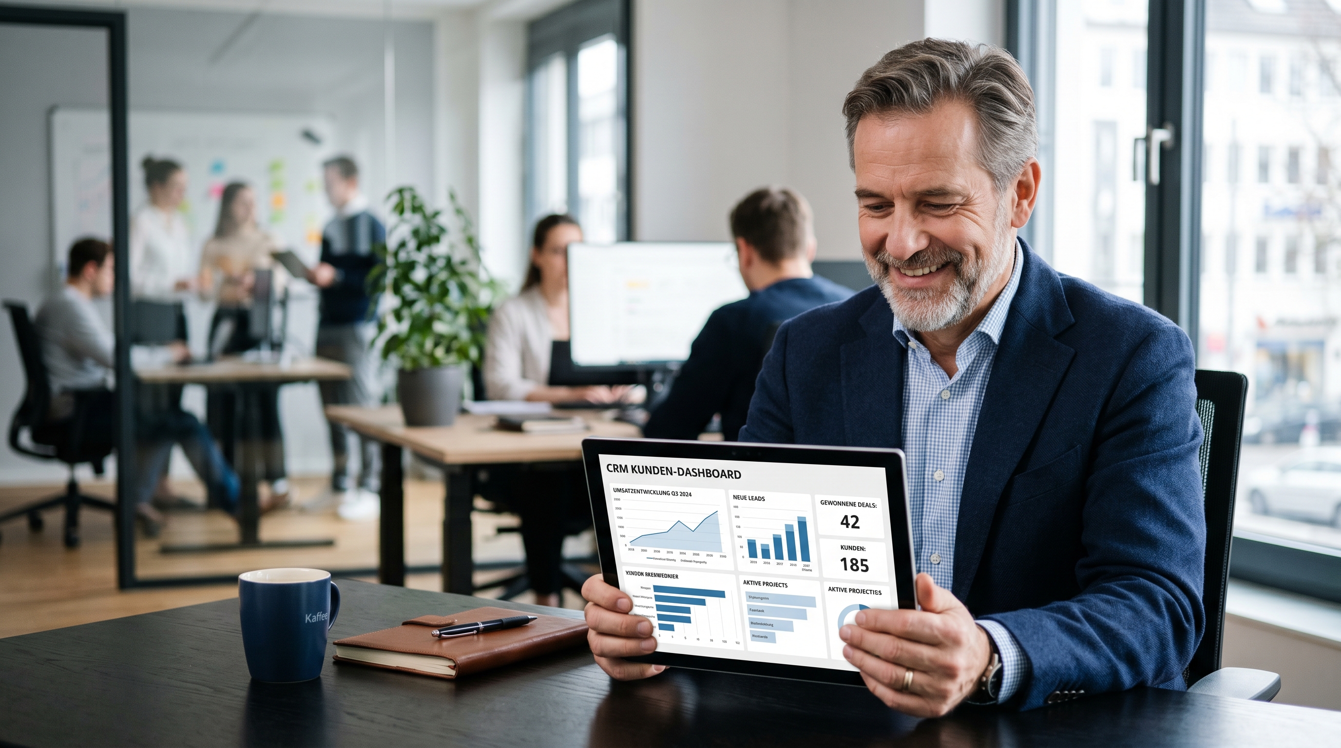 Ein Unternehmer aus dem Mittelstand schaut zufrieden auf sein Tablet mit einem CRM-Dashboard