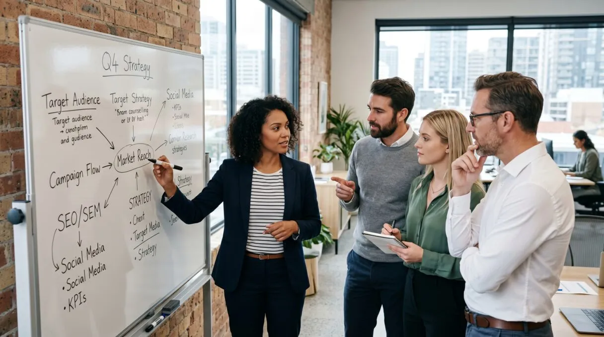 Ein Team von Marketingexperten diskutiert an einem Whiteboard über eine Strategie