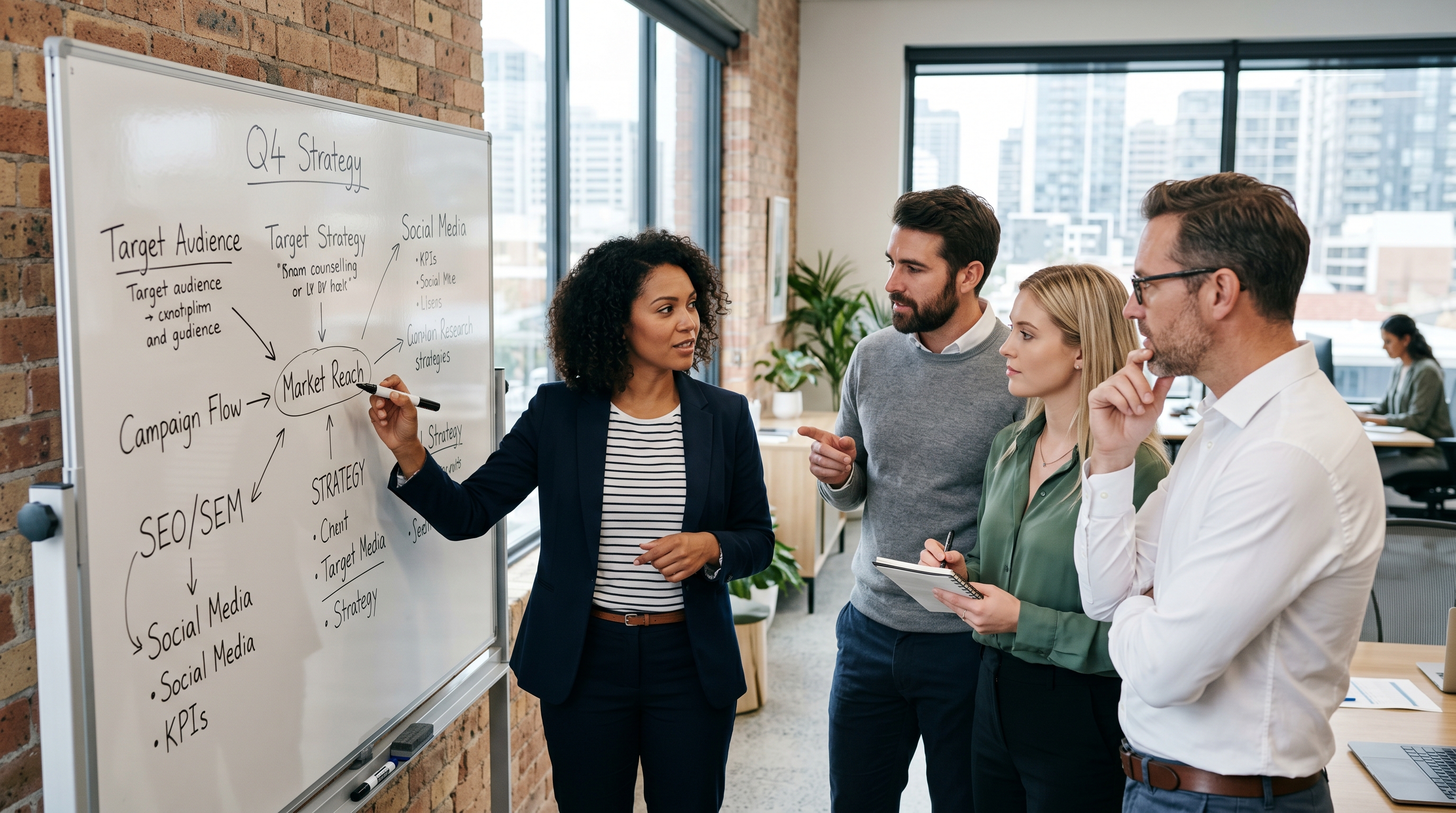 Ein Team von Marketingexperten diskutiert an einem Whiteboard über eine Strategie
