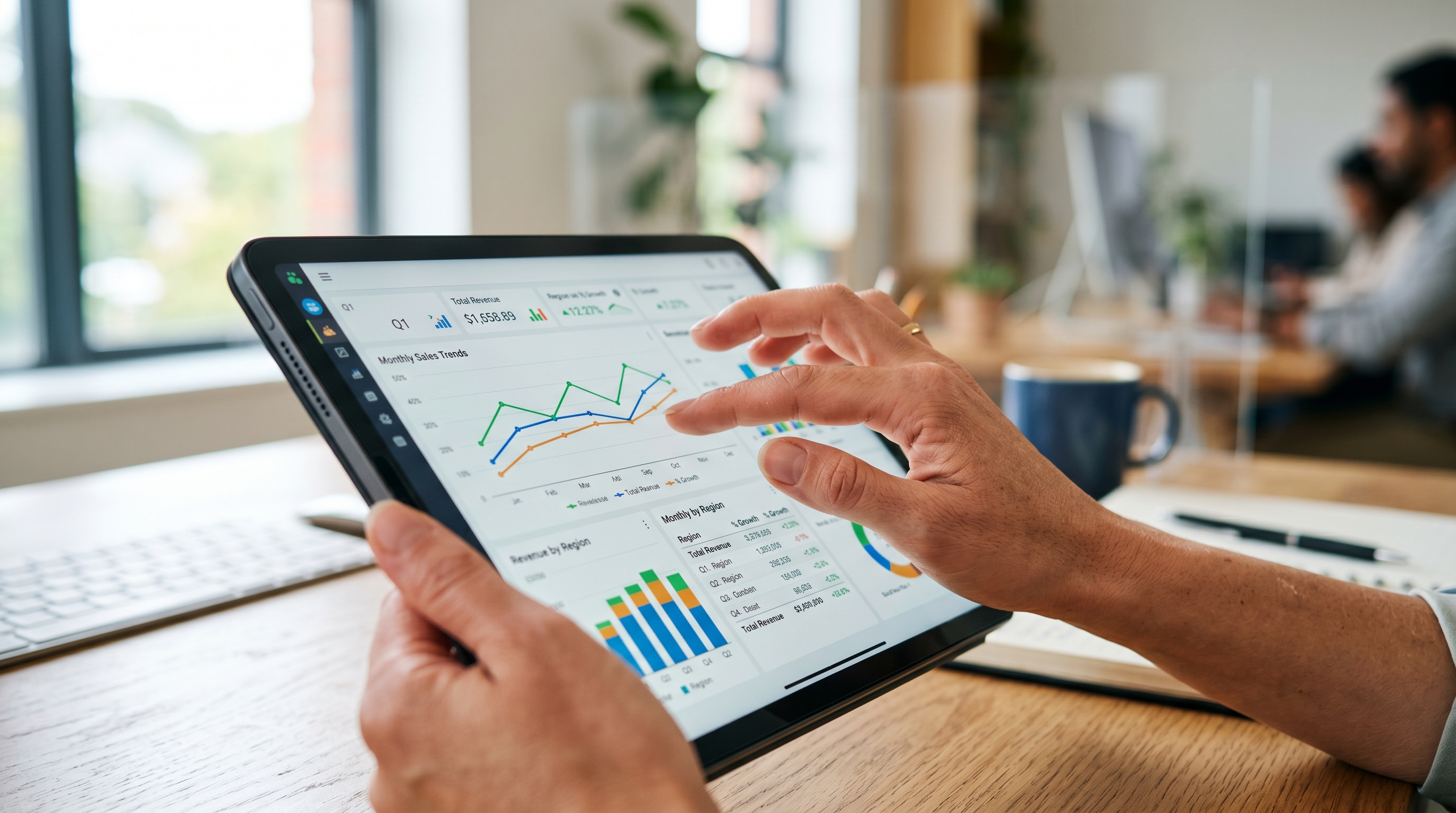Nahaufnahme einer Hand die auf einem Tablet durch eine Datenanalyse scrollt