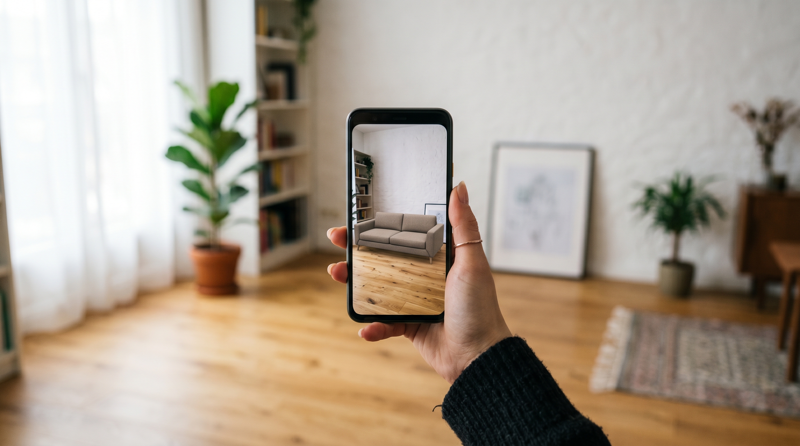 Hand hält Smartphone, das via AR ein virtuelles Sofa in einem Wohnzimmer anzeigt
