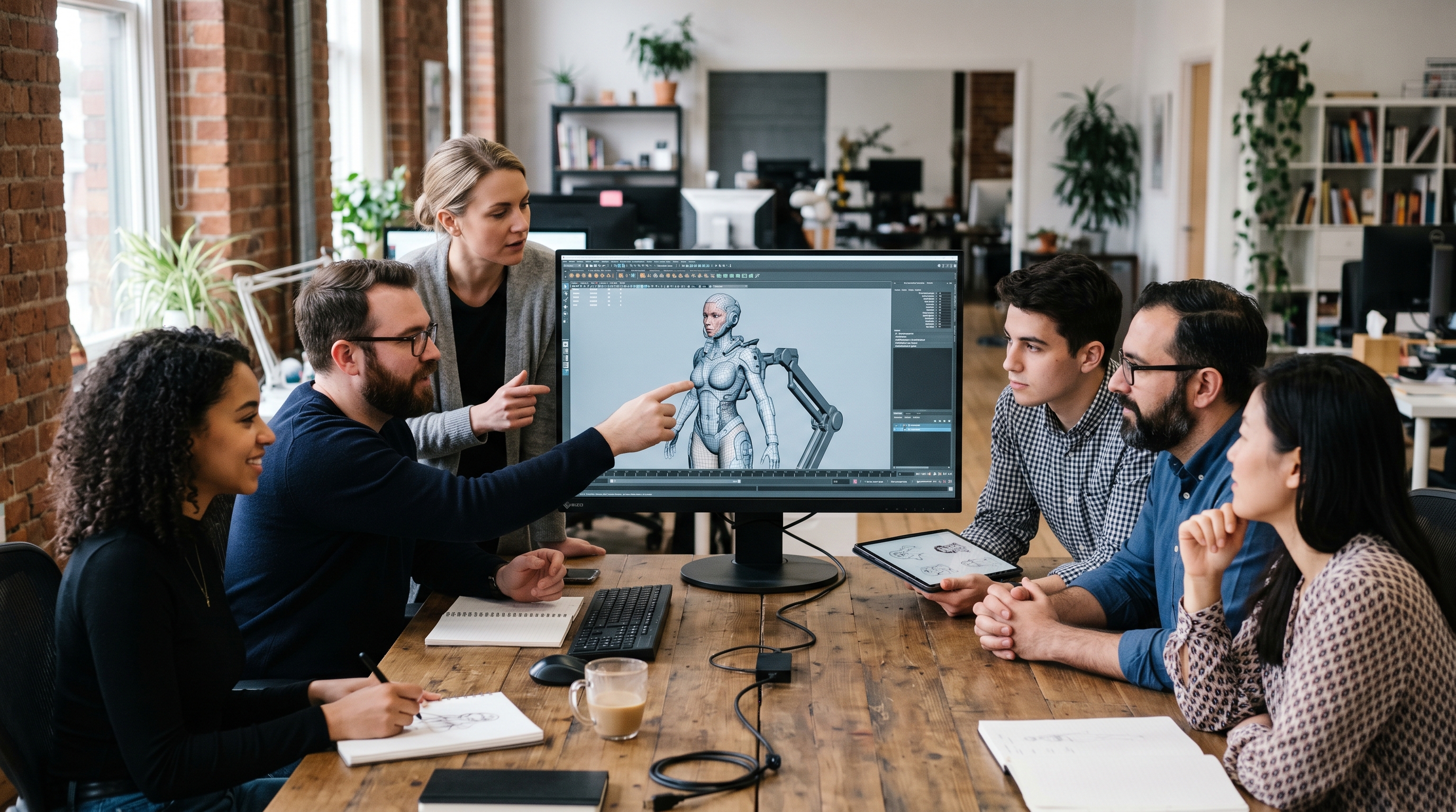 Team aus Designern und Entwicklern bespricht 3D-Modell auf einem Bildschirm