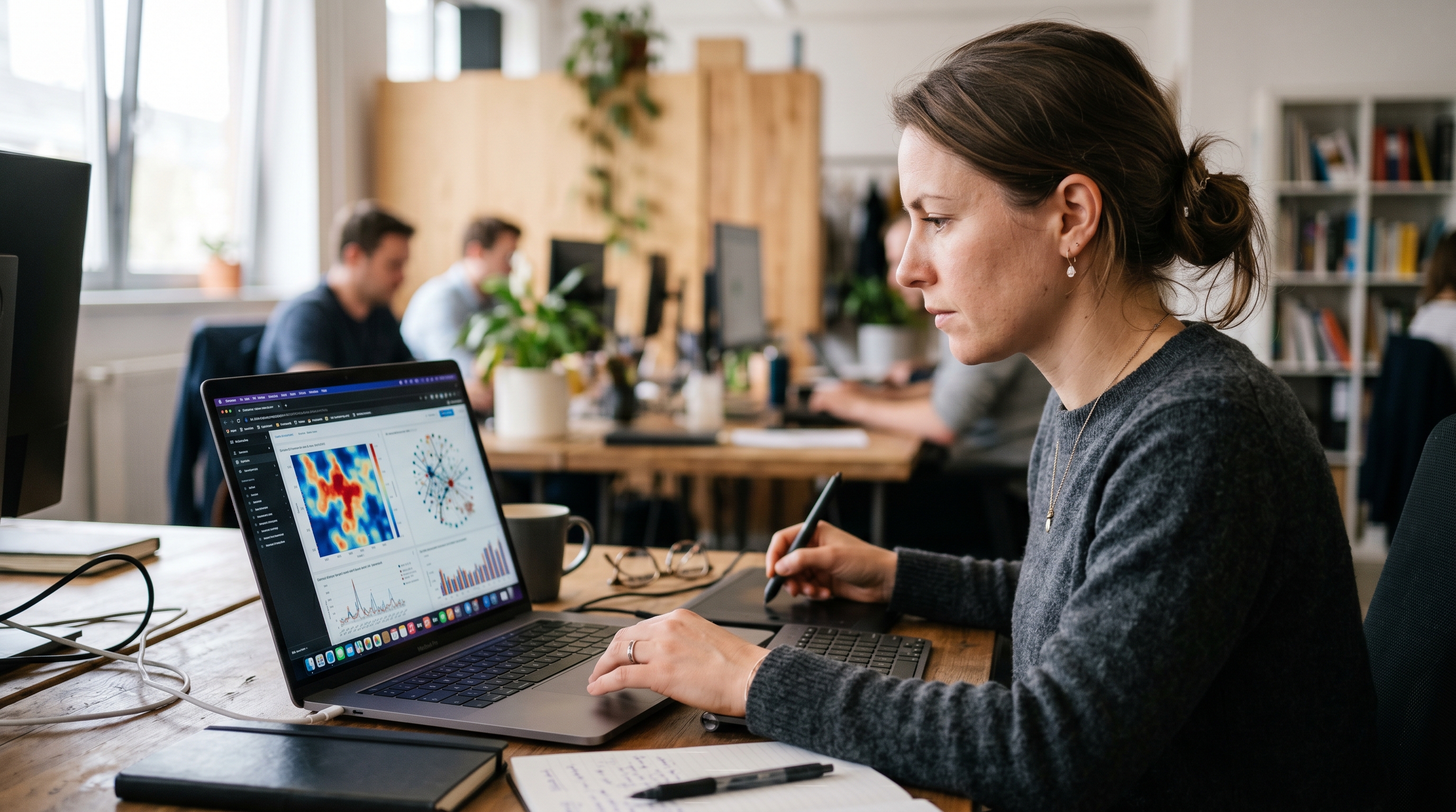 Nahaufnahme einer Person am Laptop, die eine komplexe Datenvisualisierung betrachtet