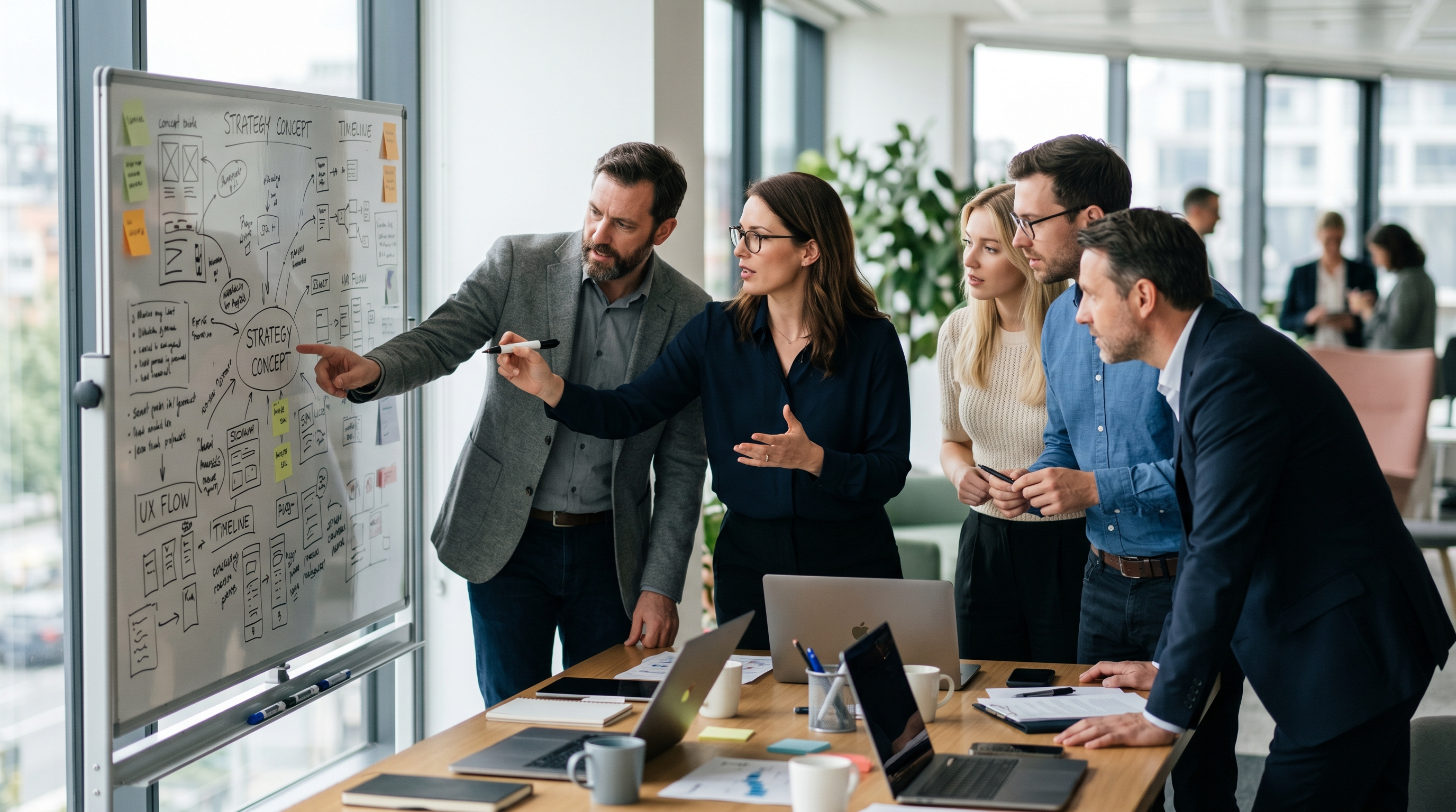 Ein Team von Strategen in einem Meeting-Raum, die über einem Konzept-Board brüten