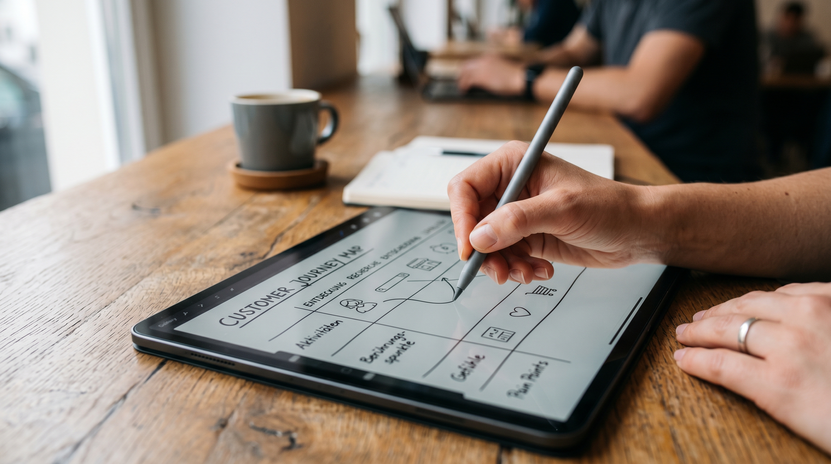 Nahaufnahme einer Hand, die eine Customer Journey Map auf einem Tablet skizziert