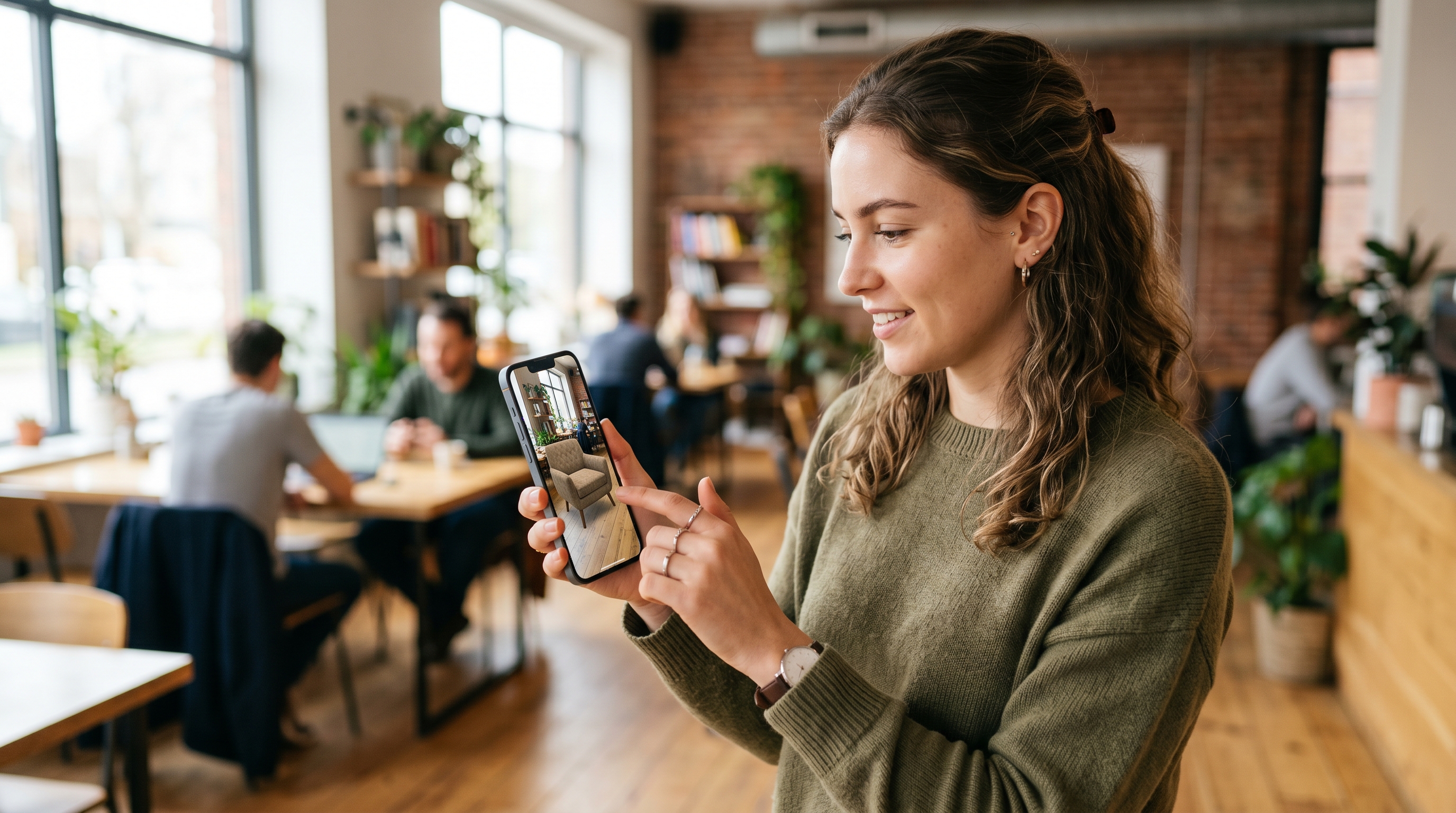 Eine Person hält ein Smartphone und interagiert mit einem AR-Produkt