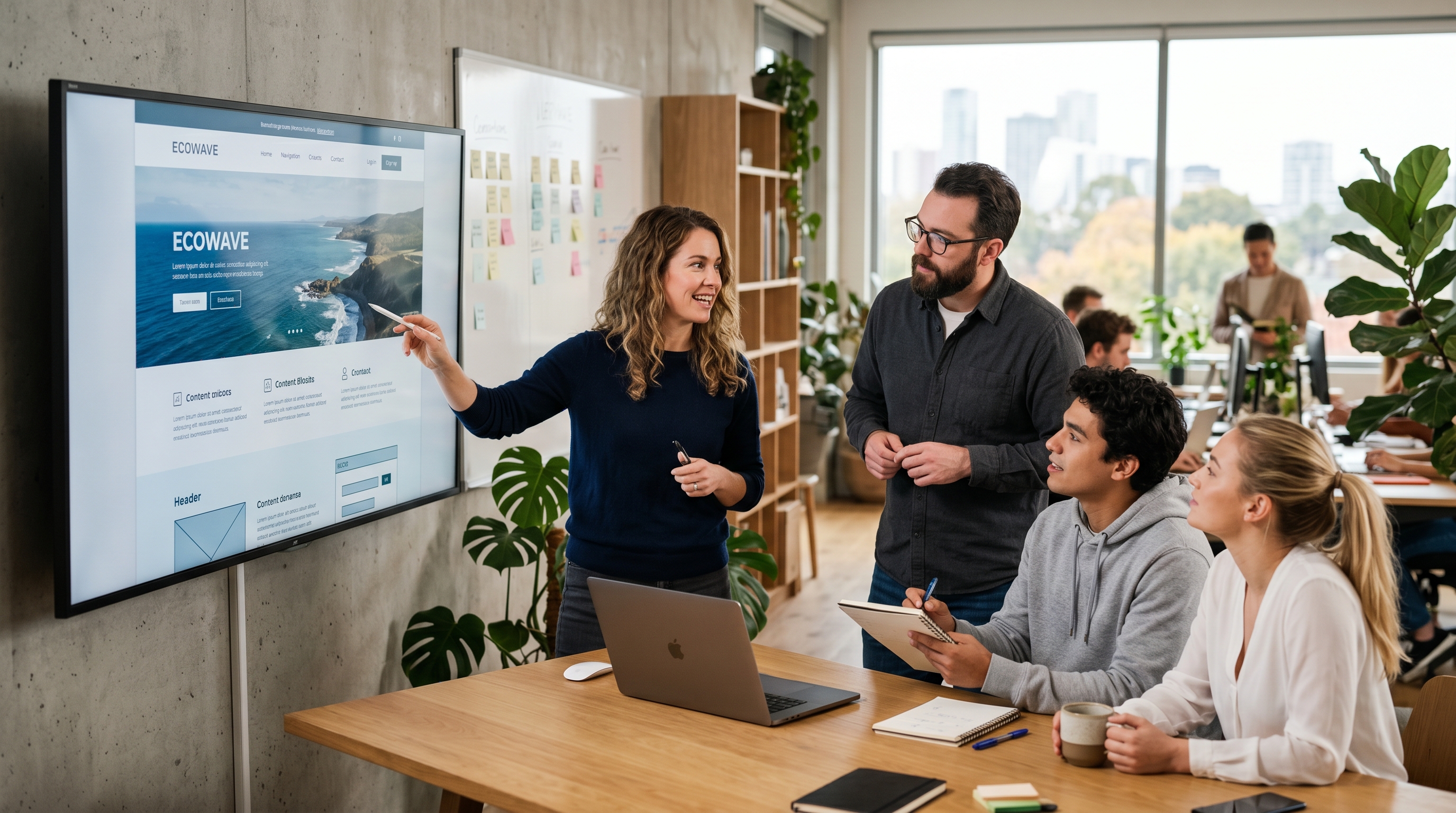Ein Team von Kreativen in einem modernen Büro diskutiert über ein Webseiten-Layout auf einem großen Bildschirm