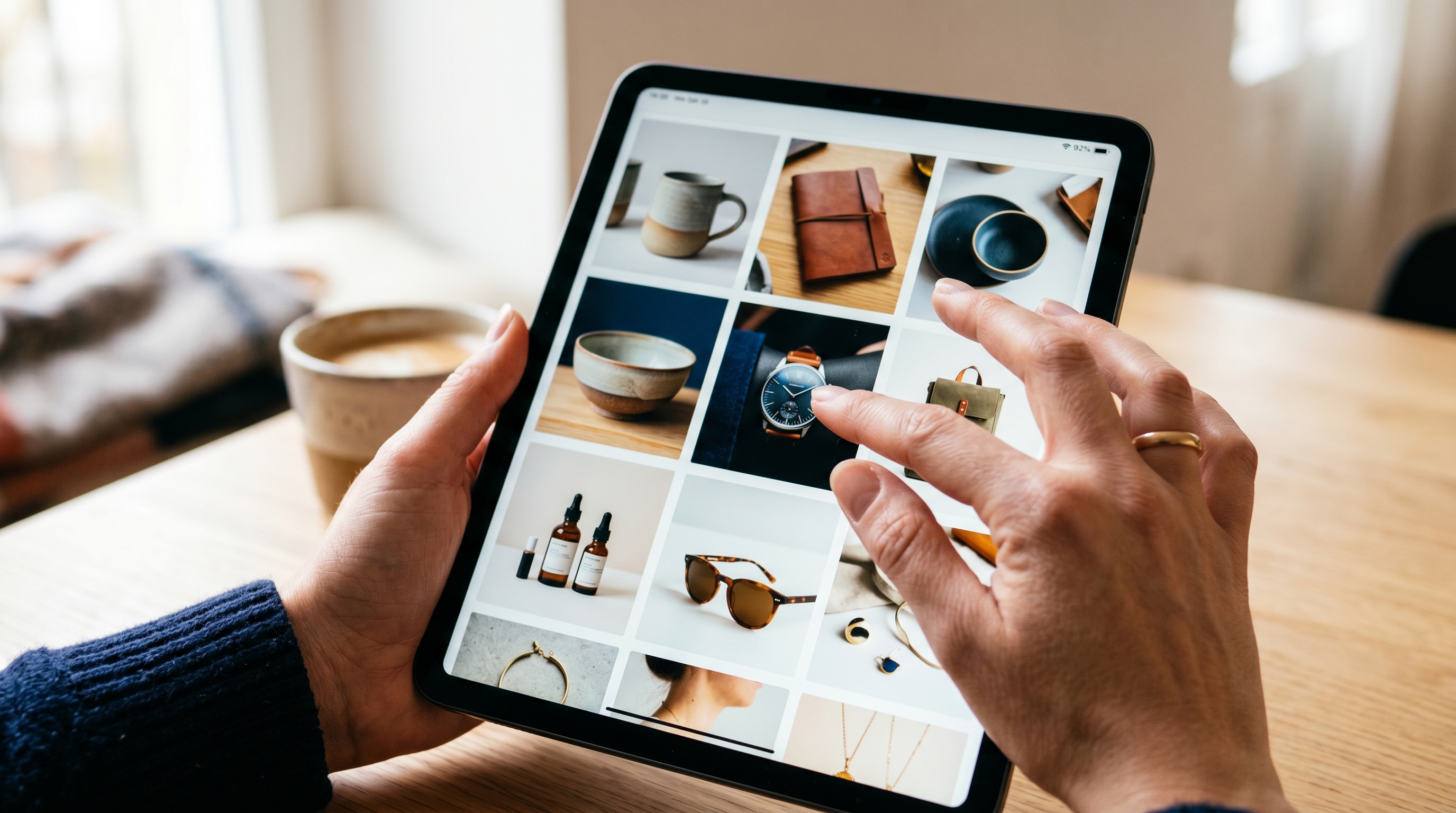 Nahaufnahme einer Hand, die auf einem Tablet durch eine Bildergalerie mit professionellen Produktfotos scrollt