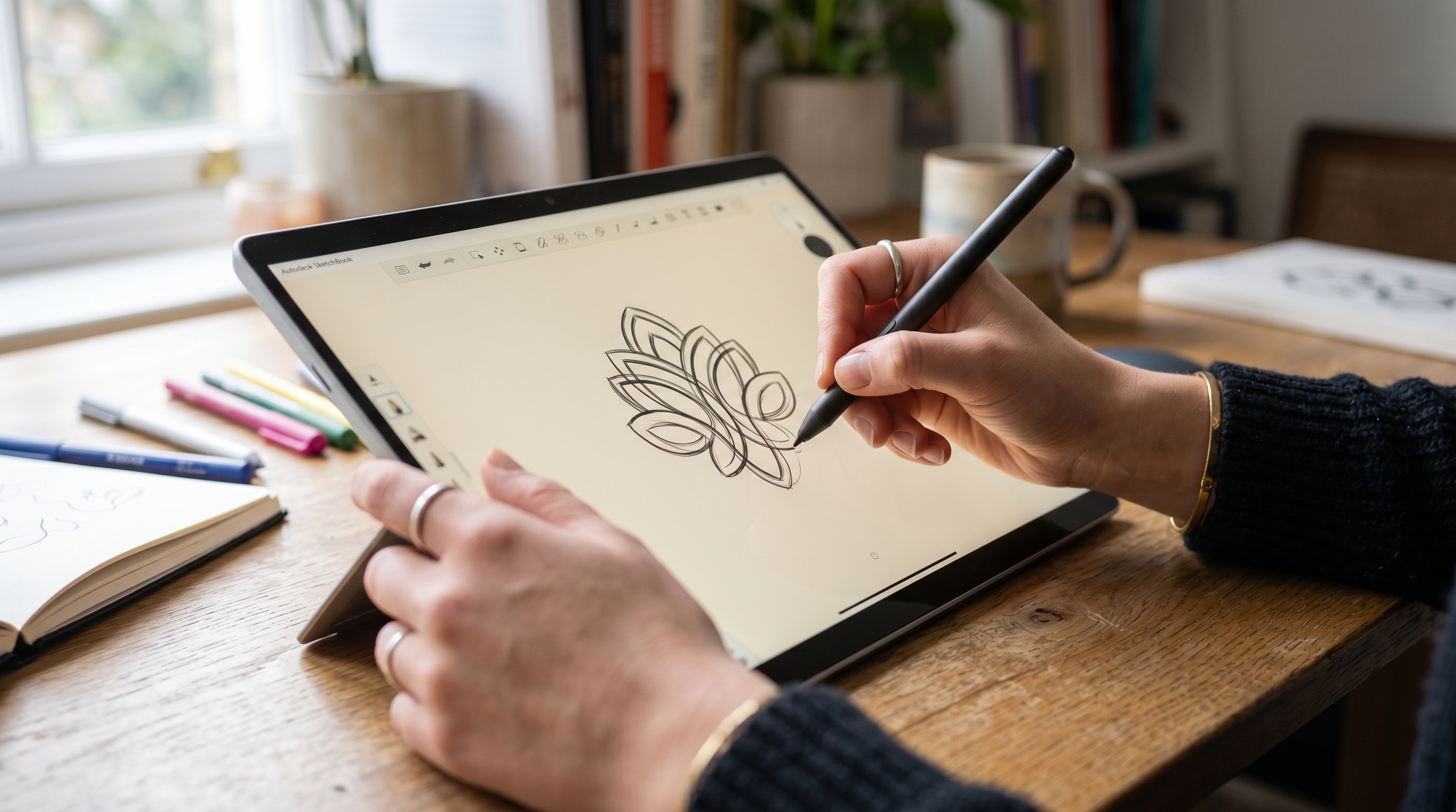 A close-up shot of a designer's hands sketching a new logo concept on a tablet