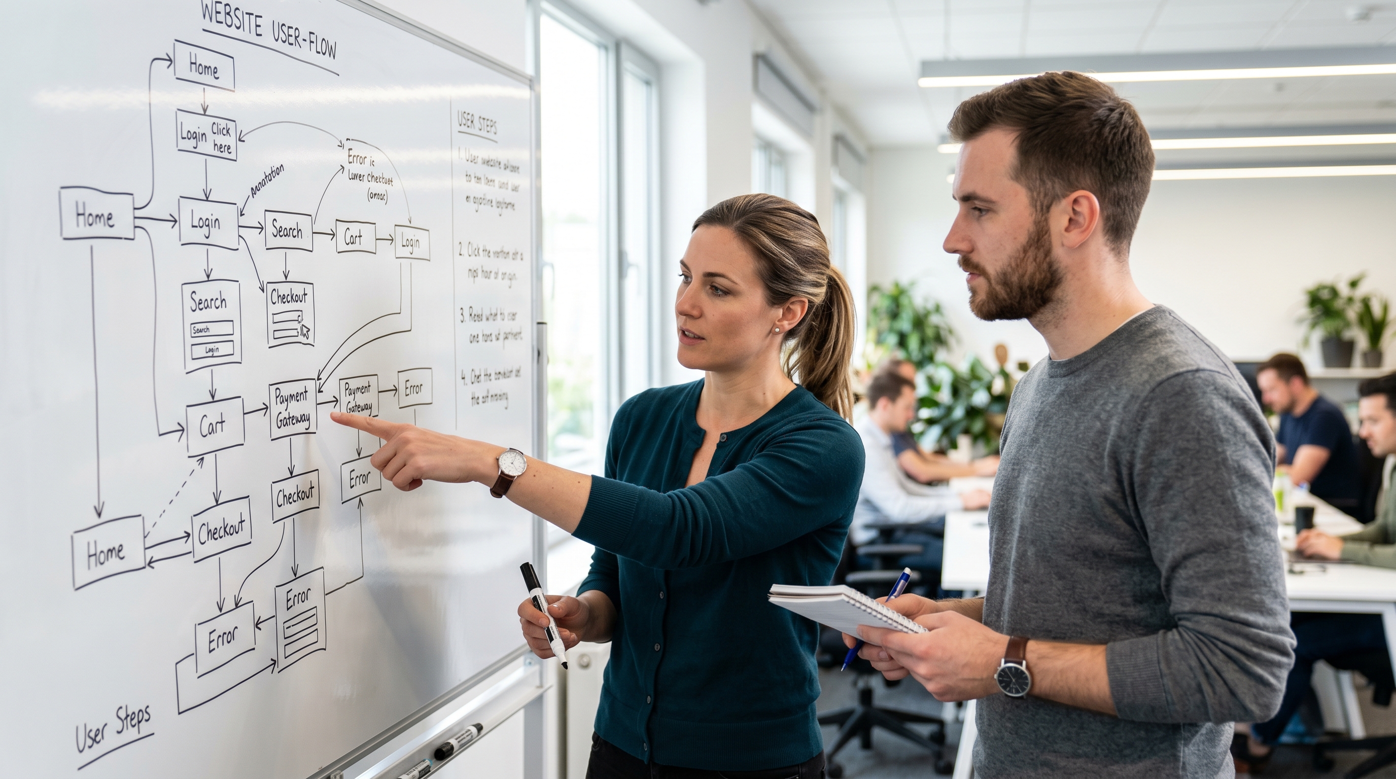 Two colleagues analyzing a complex website user-flow diagram on a whiteboard