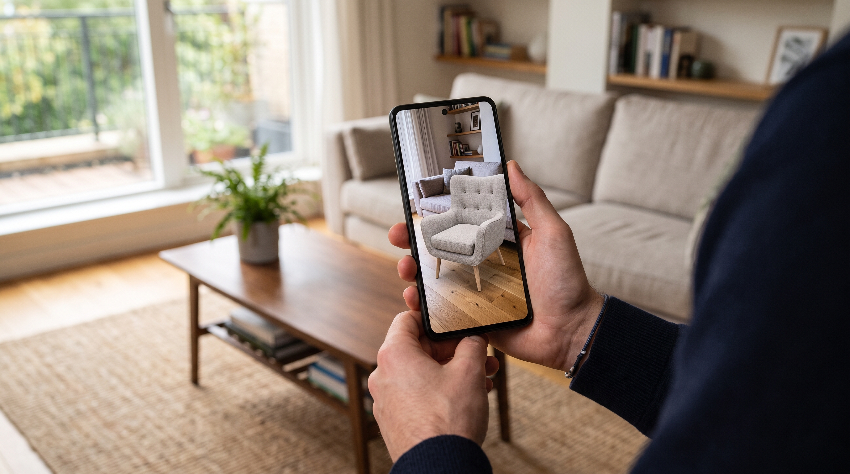 Smartphone-Display zeigt eine AR-Anwendung, die einen virtuellen Sessel in ein echtes Wohnzimmer projiziert