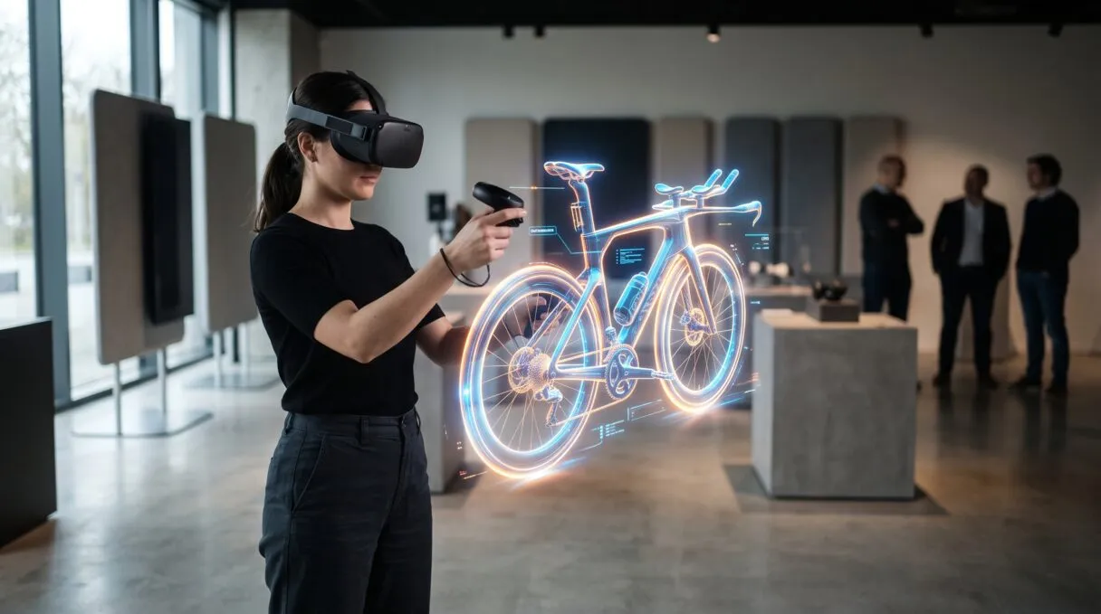 Eine Person mit VR-Brille interagiert in einem virtuellen Showroom mit einem leuchtenden 3D-Produktmodell