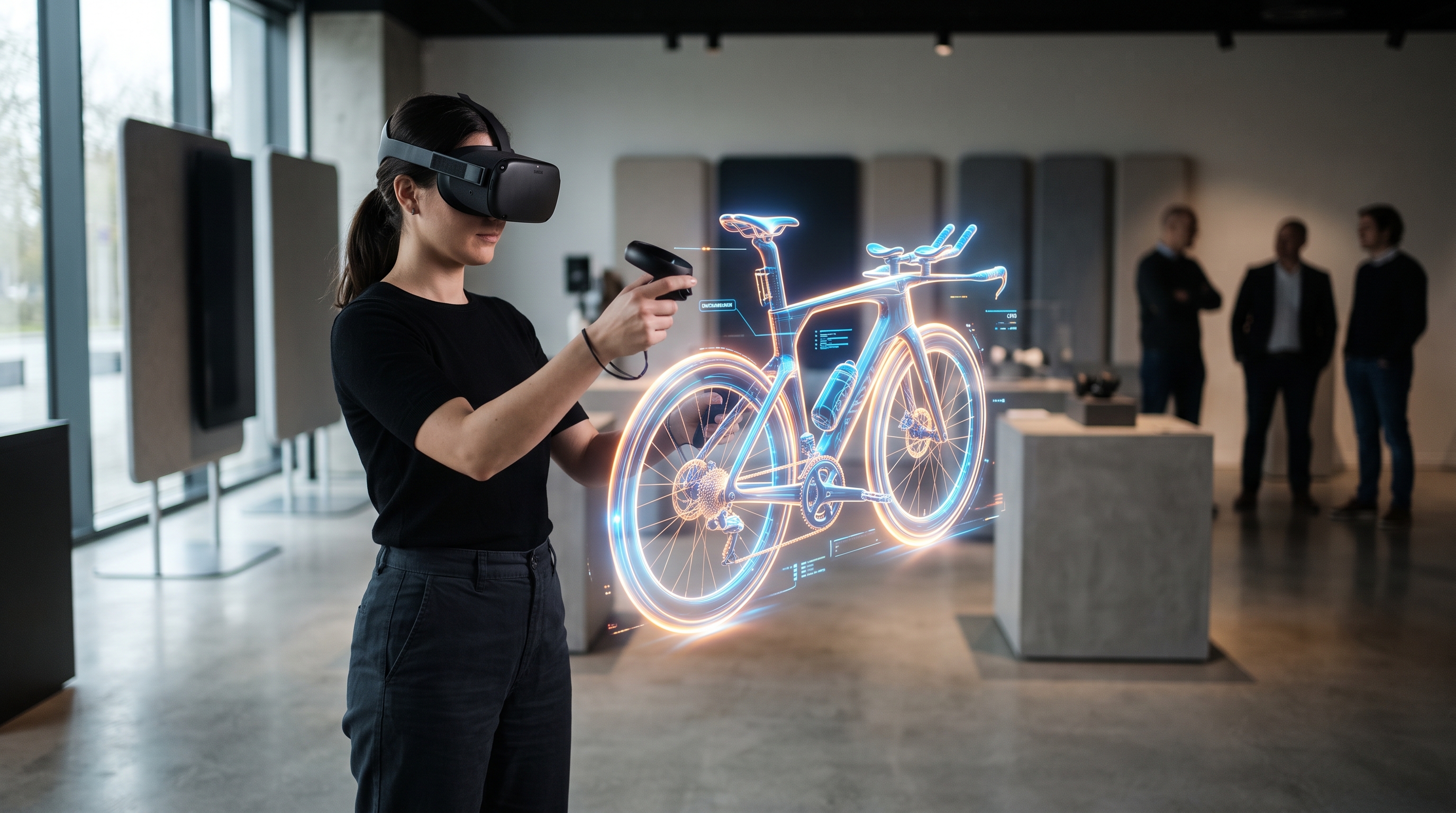 Eine Person mit VR-Brille interagiert in einem virtuellen Showroom mit einem leuchtenden 3D-Produktmodell