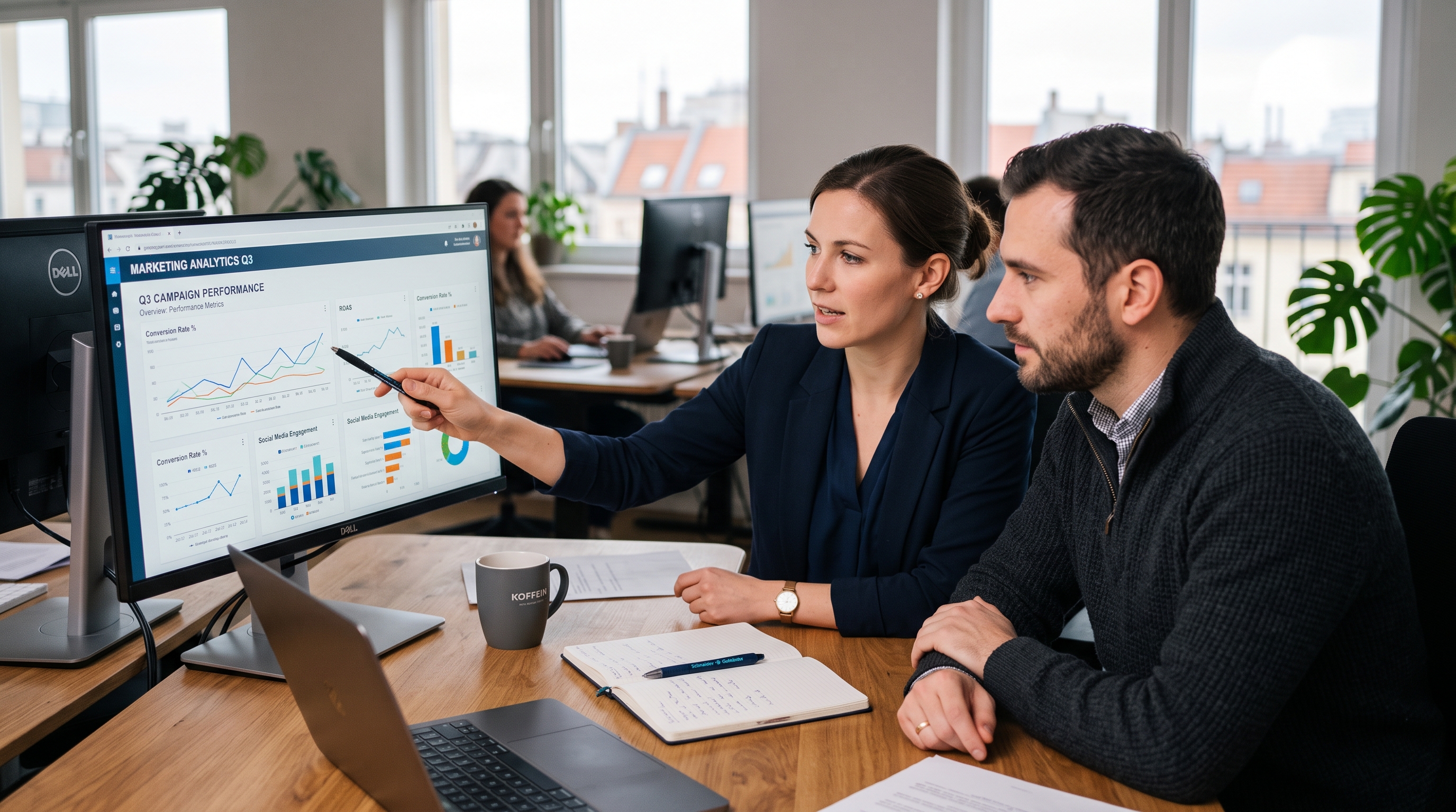 Zwei Personen besprechen eine Marketing-Analyse am Computerbildschirm