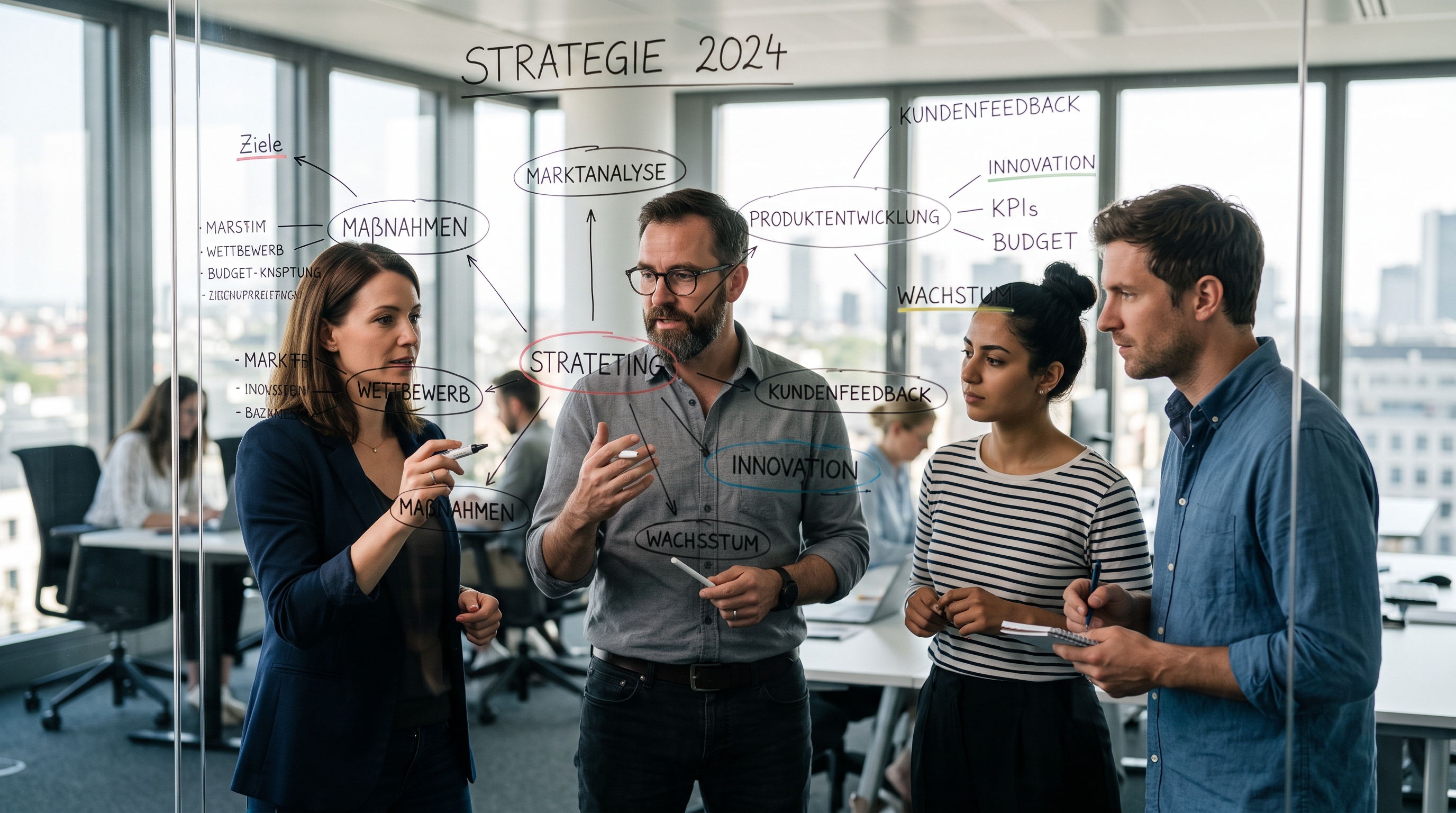 Ein Team diskutiert konzentriert über eine strategische Mindmap an einer Glaswand