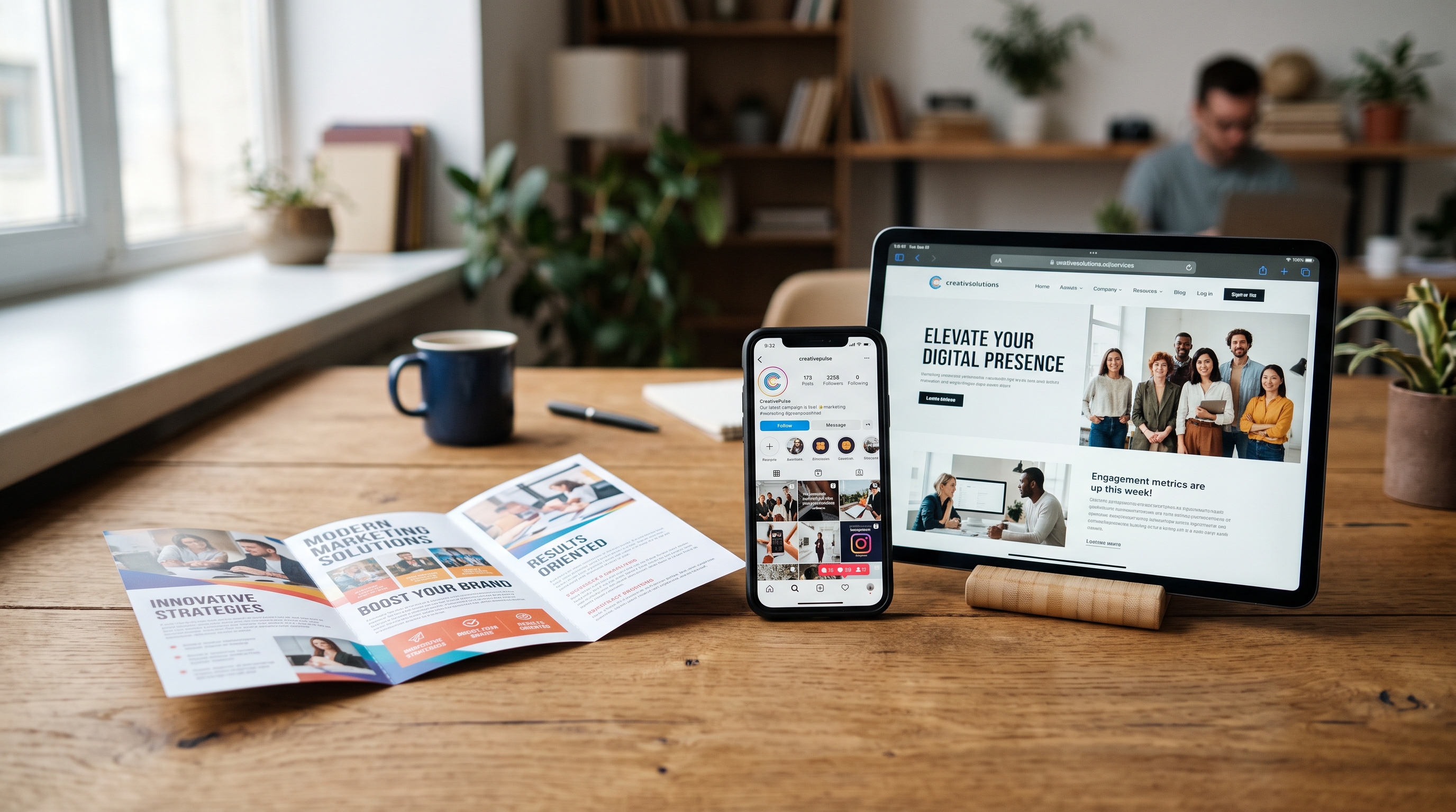 Auf einem Schreibtisch liegen verschiedene Marketingmaterialien: eine Broschüre, ein Smartphone mit Social Media Feed und ein Tablet mit einer Webseite