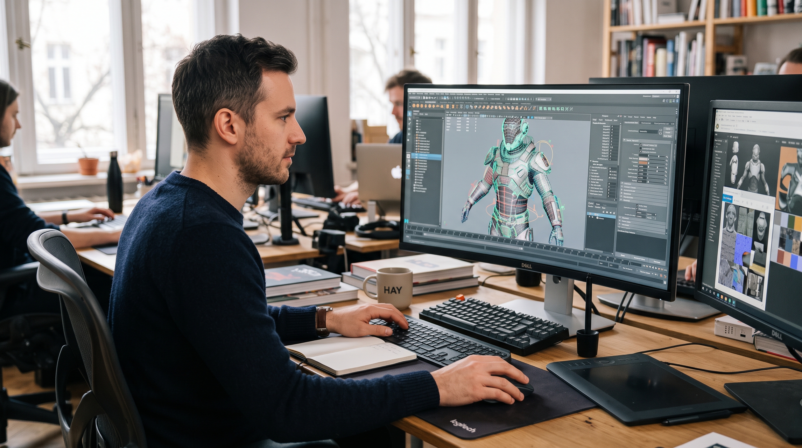 Ein Designer arbeitet an einem komplexen 3D-Modell am Computerbildschirm