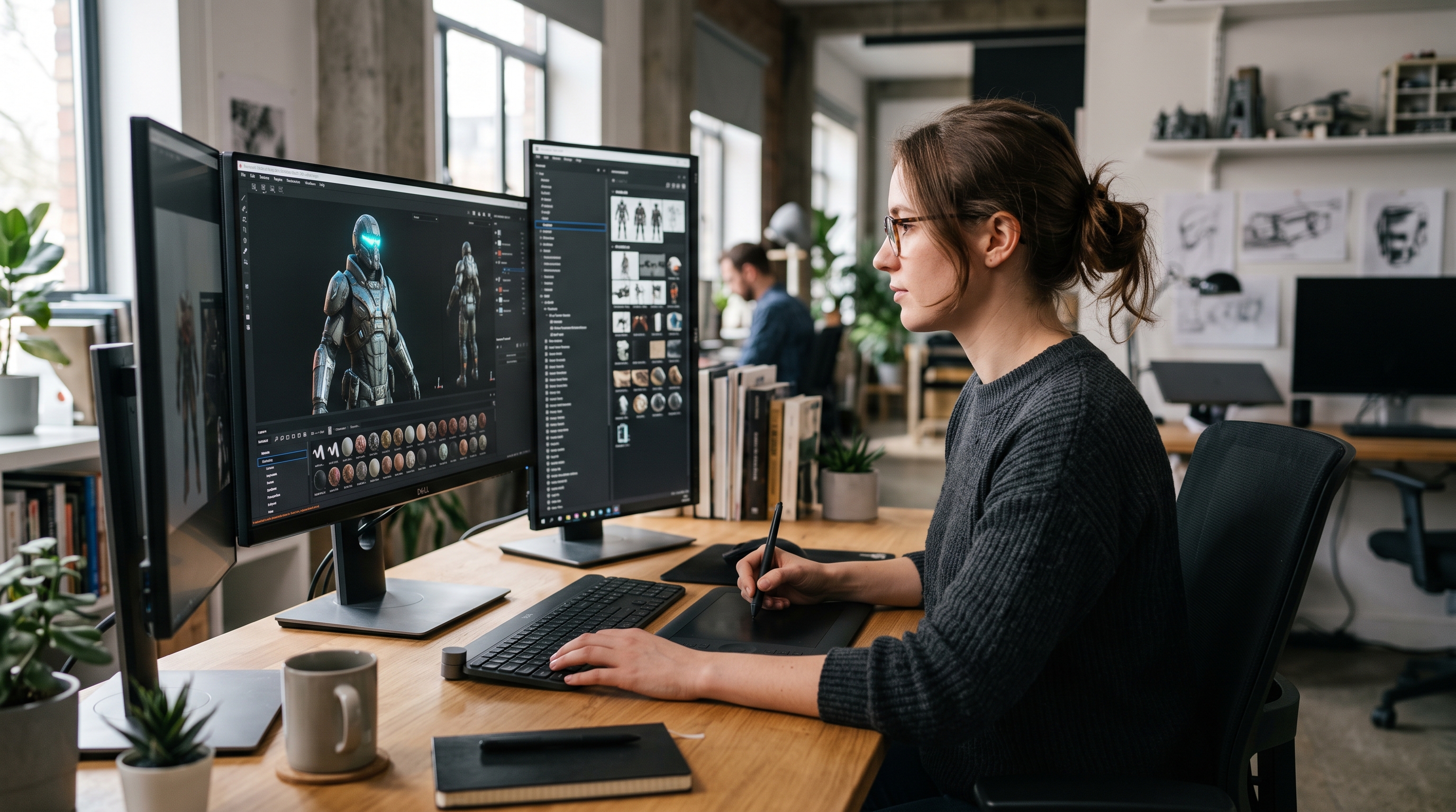 Designer am Computer bei der Texturierung eines 3D-Modells