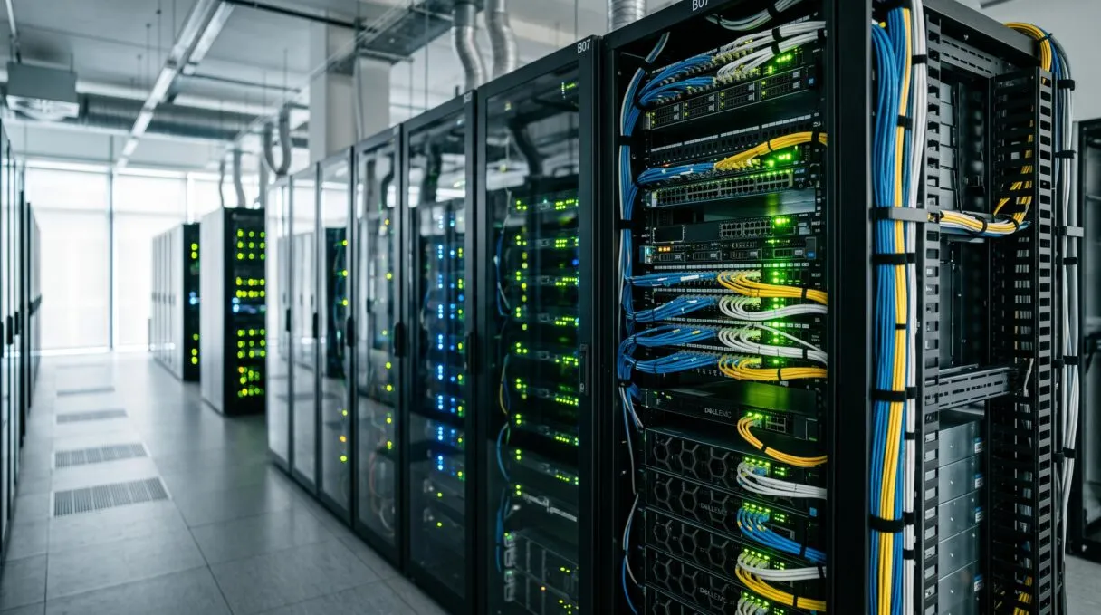 Ein Serverraum mit sauber verkabelten, leuchtenden Server-Racks