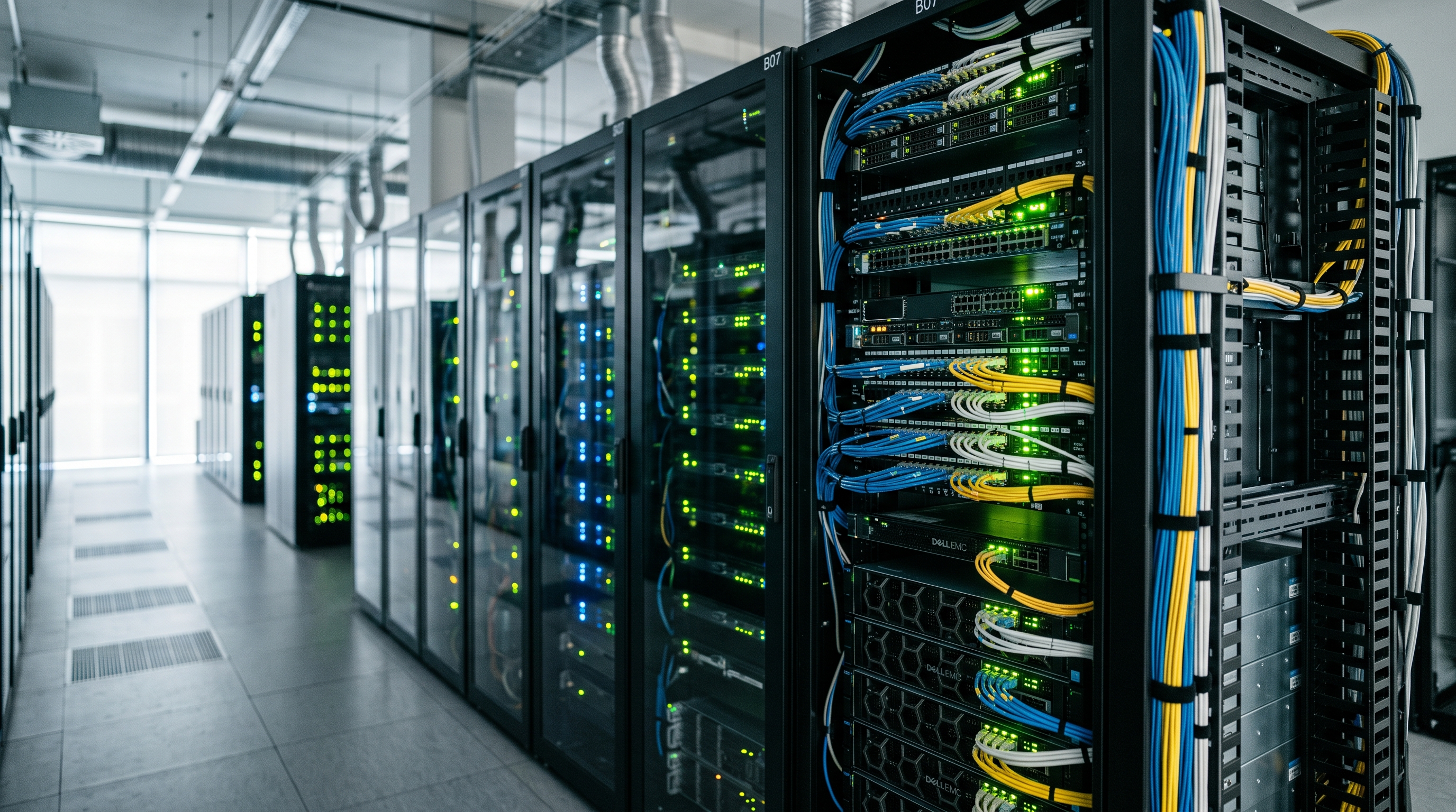 Ein Serverraum mit sauber verkabelten, leuchtenden Server-Racks