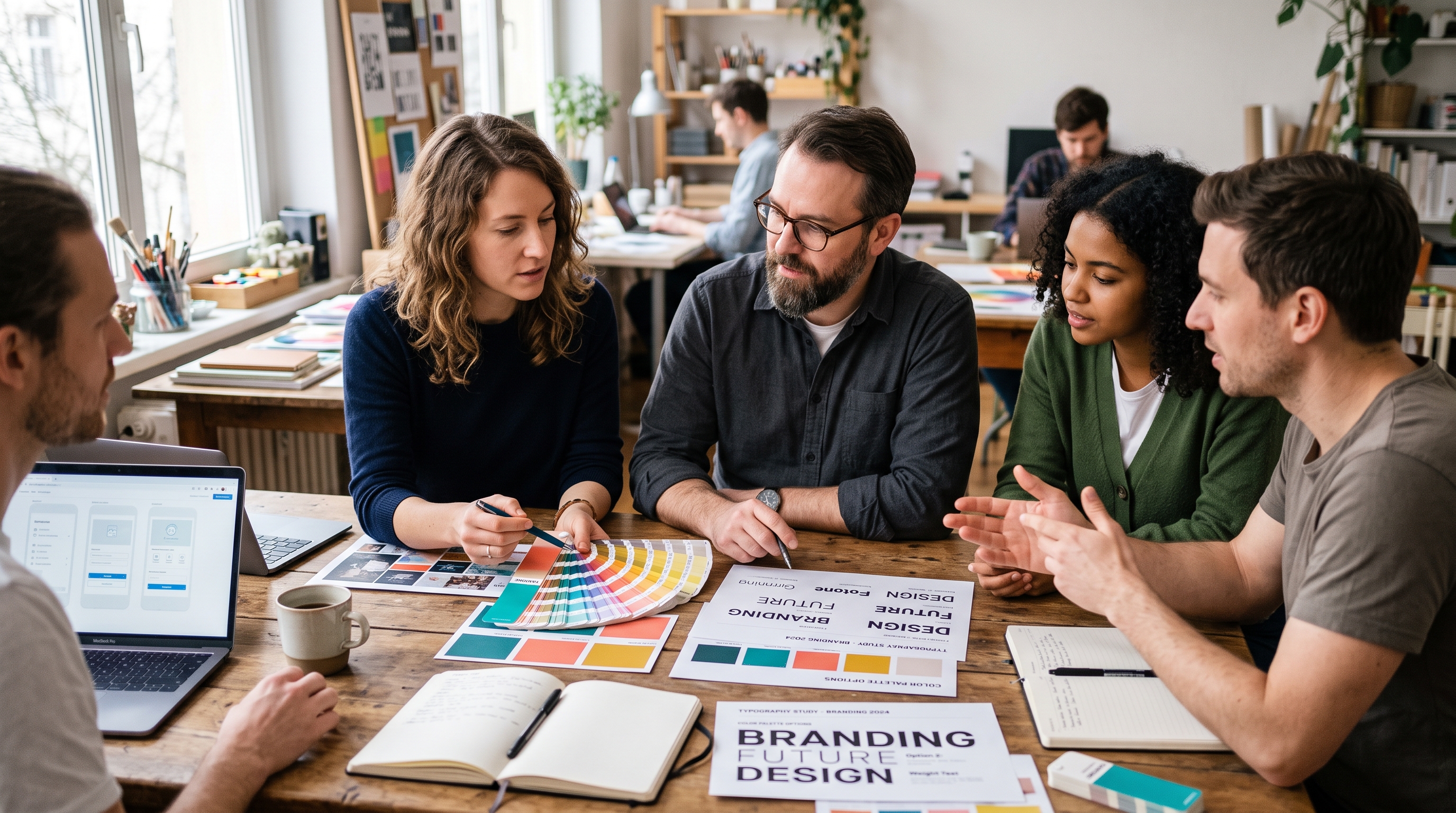 Ein Kreativteam diskutiert Farbmuster und Typografie-Entwürfe
