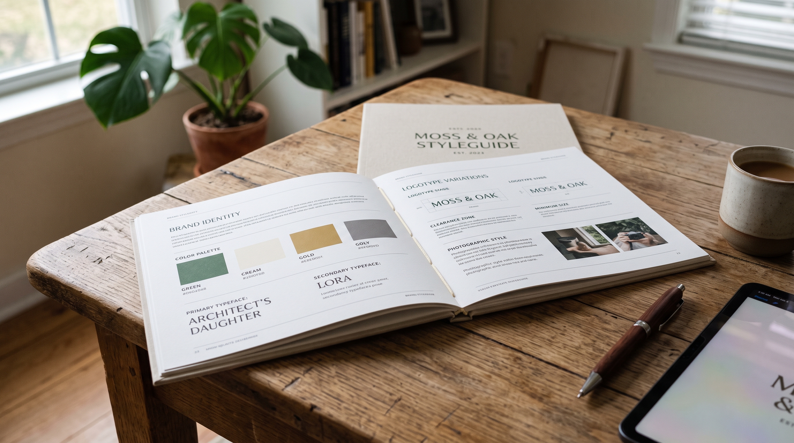 Ein fertiges Brand-Styleguide-Dokument auf einem Schreibtisch