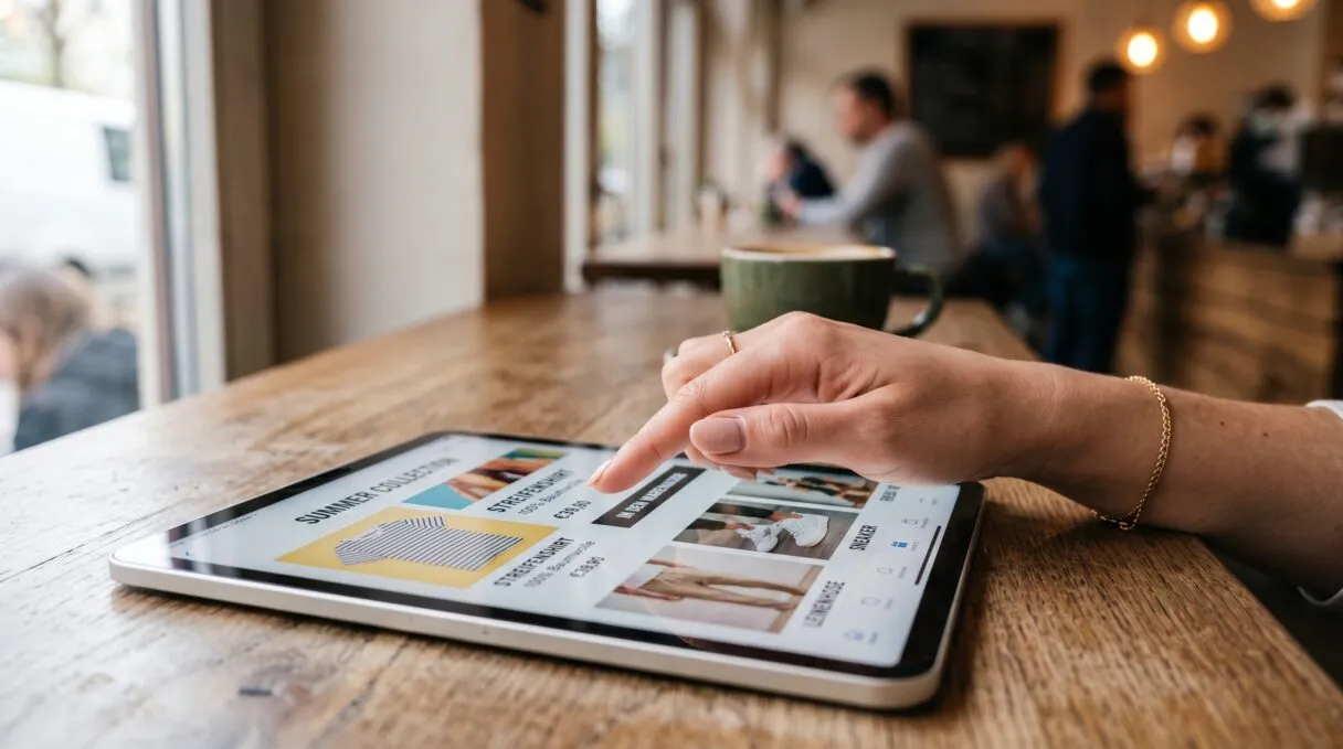 Nahaufnahme einer Hand, die auf einem Tablet durch einen modernen Onlineshop scrollt