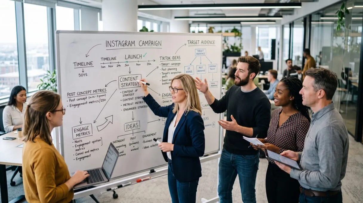 Ein Team in einem modernen Büro plant eine Social Media Kampagne am Whiteboard