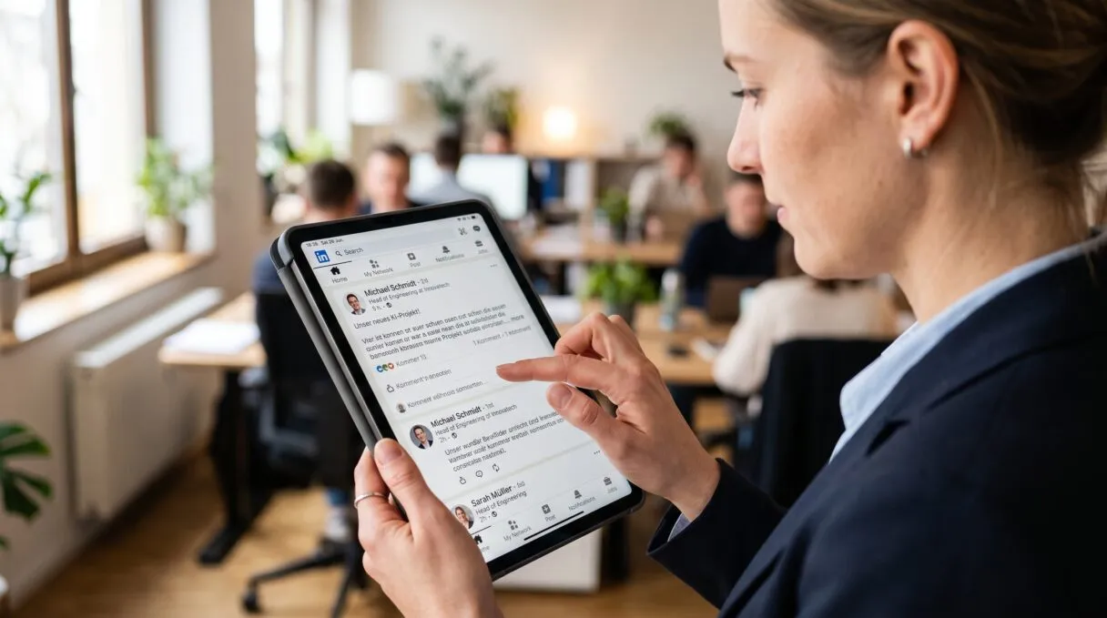 Nahaufnahme einer Person, die auf einem Tablet durch einen professionellen LinkedIn-Feed scrollt